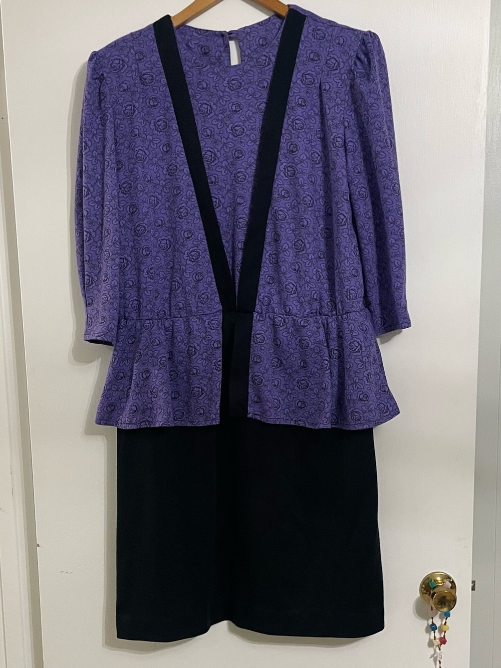 Vintage 80s/90s Purple Patterned and Black Midi Dress